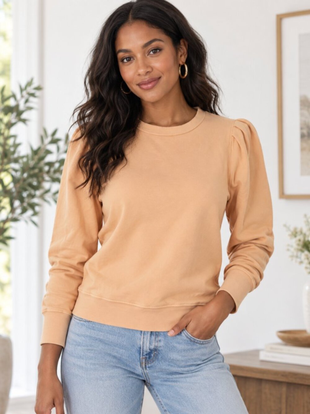 MOTHER The Curve Ball Puff Sleeve Sweatshirt Peach Boho Est M Quiet Luxury $158